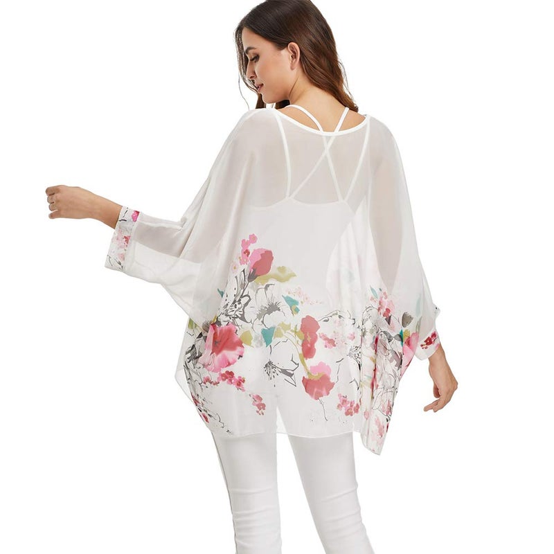Ckikiou Plus Size Batwing Flowy Semi Sheer Chiffon Blouse Tunic for Women Summer Floral Print Boho Beach Cover ups - Image 5